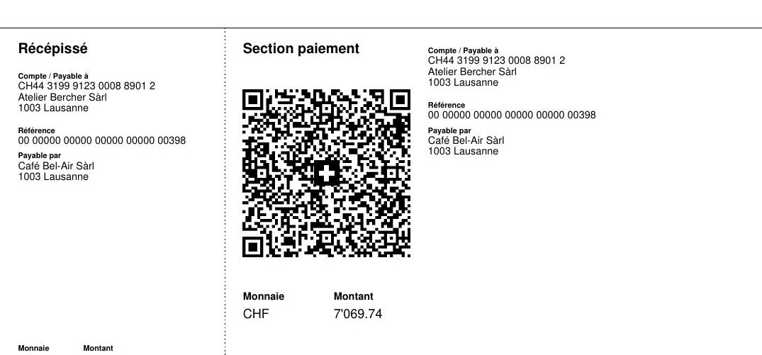 La QR-fattura svizzera in fondo alla fattura: ricevuta, sezione pagamento, QR code con la croce svizzera, riferimento, pagabile da, valuta e importo.